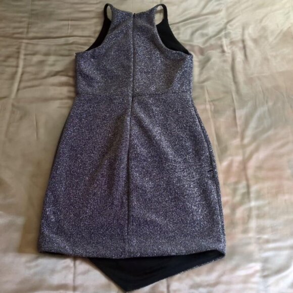 Express Sz 0 Silver Minidress Bodycon Y2K Haltertop Asymetrical Glamour Metallic - Picture 4 of 5